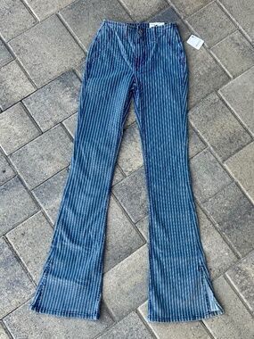Free People women's jeans 24 WTF  "Faded Railroad" pnstriped flared w/ slit $128